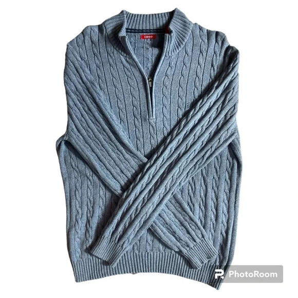 Izod Mens 1/4 Zip Pullover Sweater Blue  Long Sleeve Cable-knit size Large - Picture 1 of 6